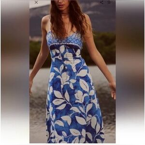 ZARA Linen Midi Dress in Blue Hawaii Style Print Sz Large